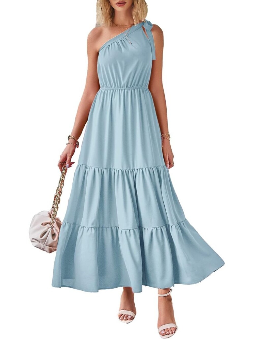 Women's Light Blue Sleeveless Tiered A Line One Shoulder Boho Floral Maxi Dress